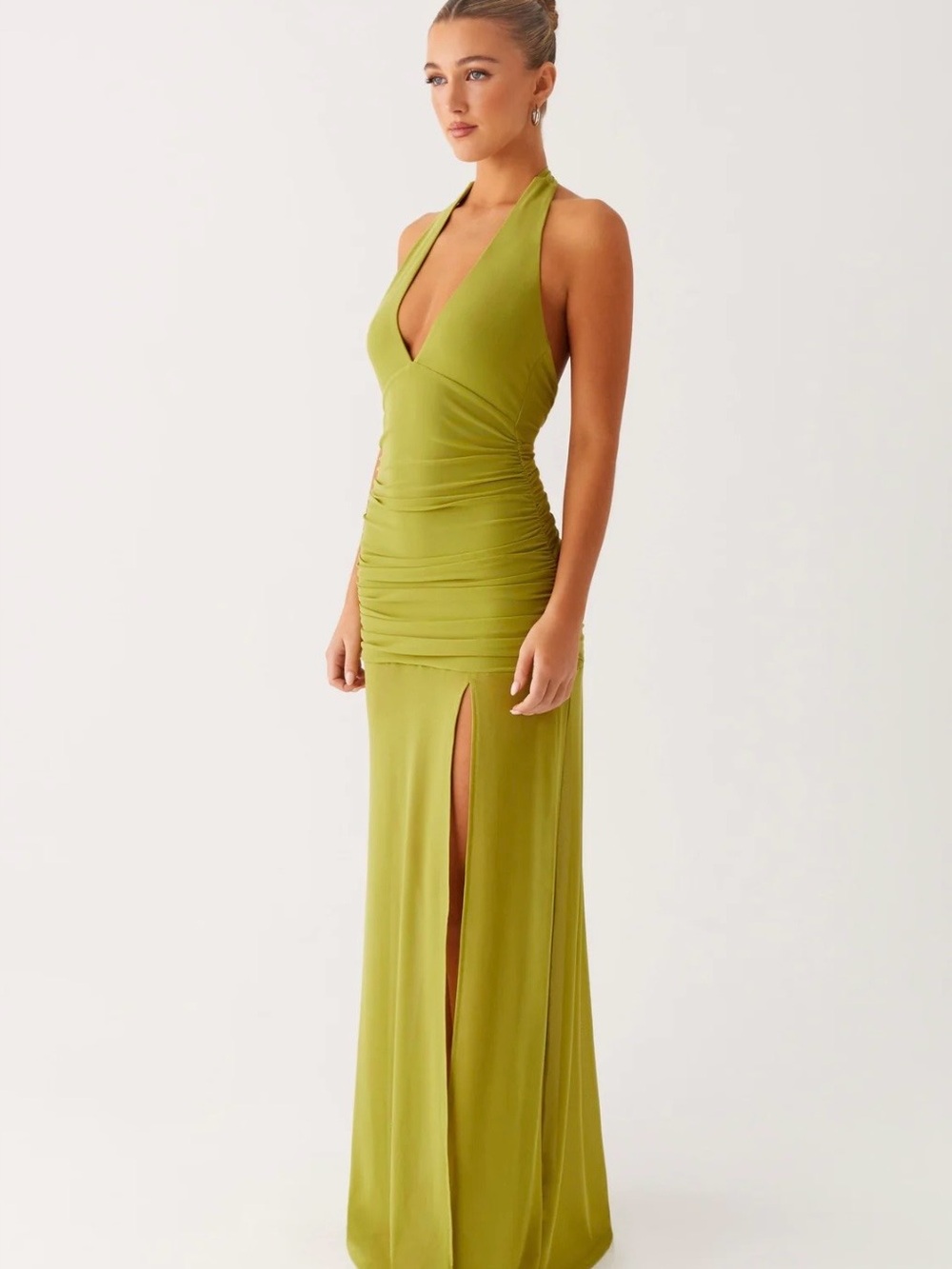 Peppermayo Olive Halter Ruched Maxi Dress | Island Muse Dress - Picture 2 of 5